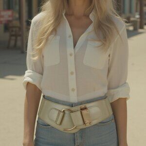 Women Metallic Beige Champagne Belt Hip Waist Elastic Waistband Hook L XL XXL